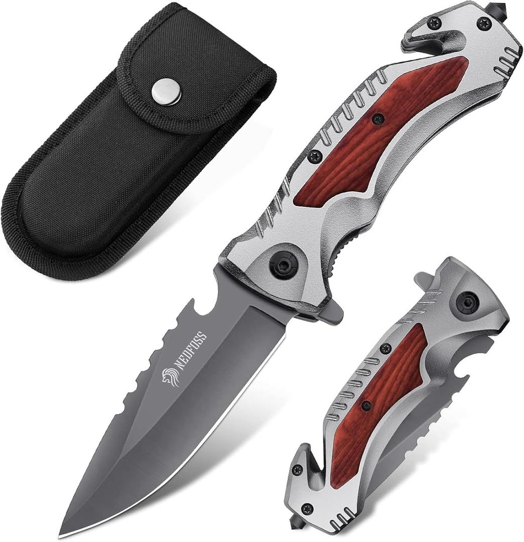 NedFoss Pocket Folding Knife DA169, 4 in 1 Pocket Knife for Men, Survival Knife with Liner-Lock Belt Clip, Seat Belt Cutter, Glass Breaker,Bottle Opener, Hunting knife for Camping Hiking (Grey)