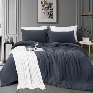 Queen Size Duvet Cover - 3 Piece Bedding Set (1 Duvet Cover & 2 Pillow Cases) Soft Prewashed Comforter Cover w/Zipper Closure & Corner Ties - No Comforter (90" X 90", Charcoal Blue)