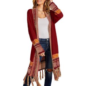 FERBIA Women Boho Cardigan Sweater Long Open Front Maxi Knit Sweaters Aztec Tribal Tassel Fringe Thin Coat (B-wine Red)