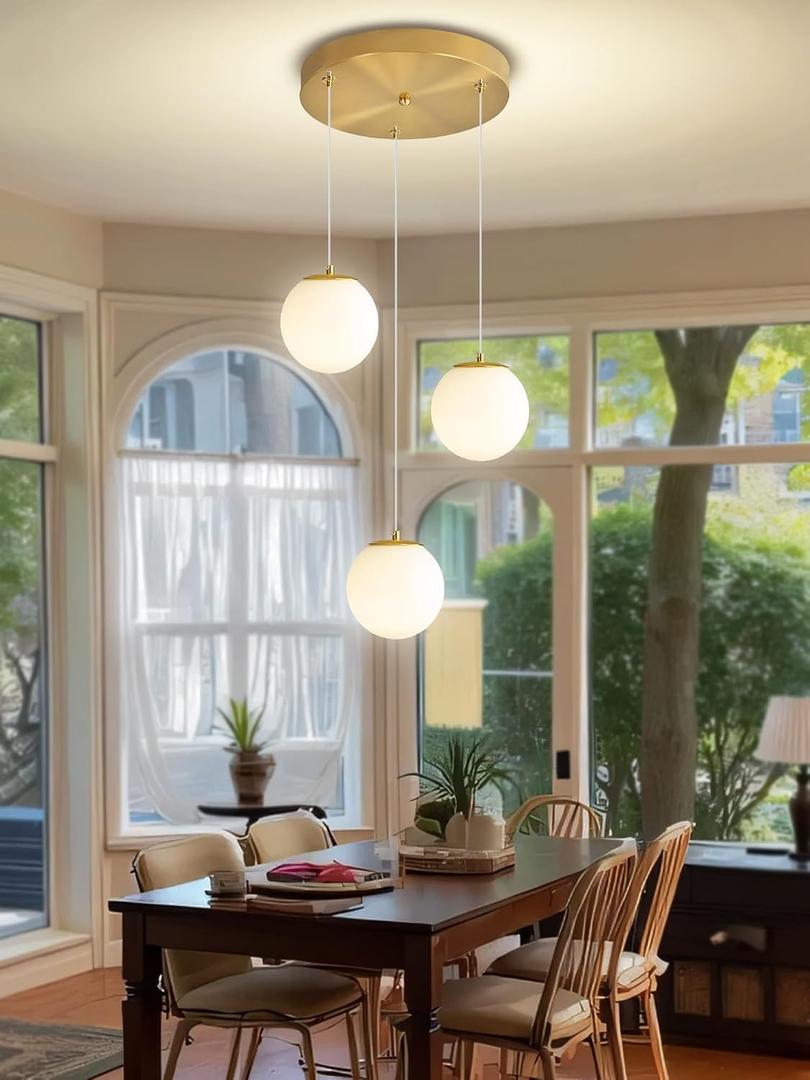 ykolupty 3-Light White Globe Glass Pendant Light Modern Gold Chandelier White Glass Pendant Chandelier for Dining Room Kitchen Island Foyer Hallway