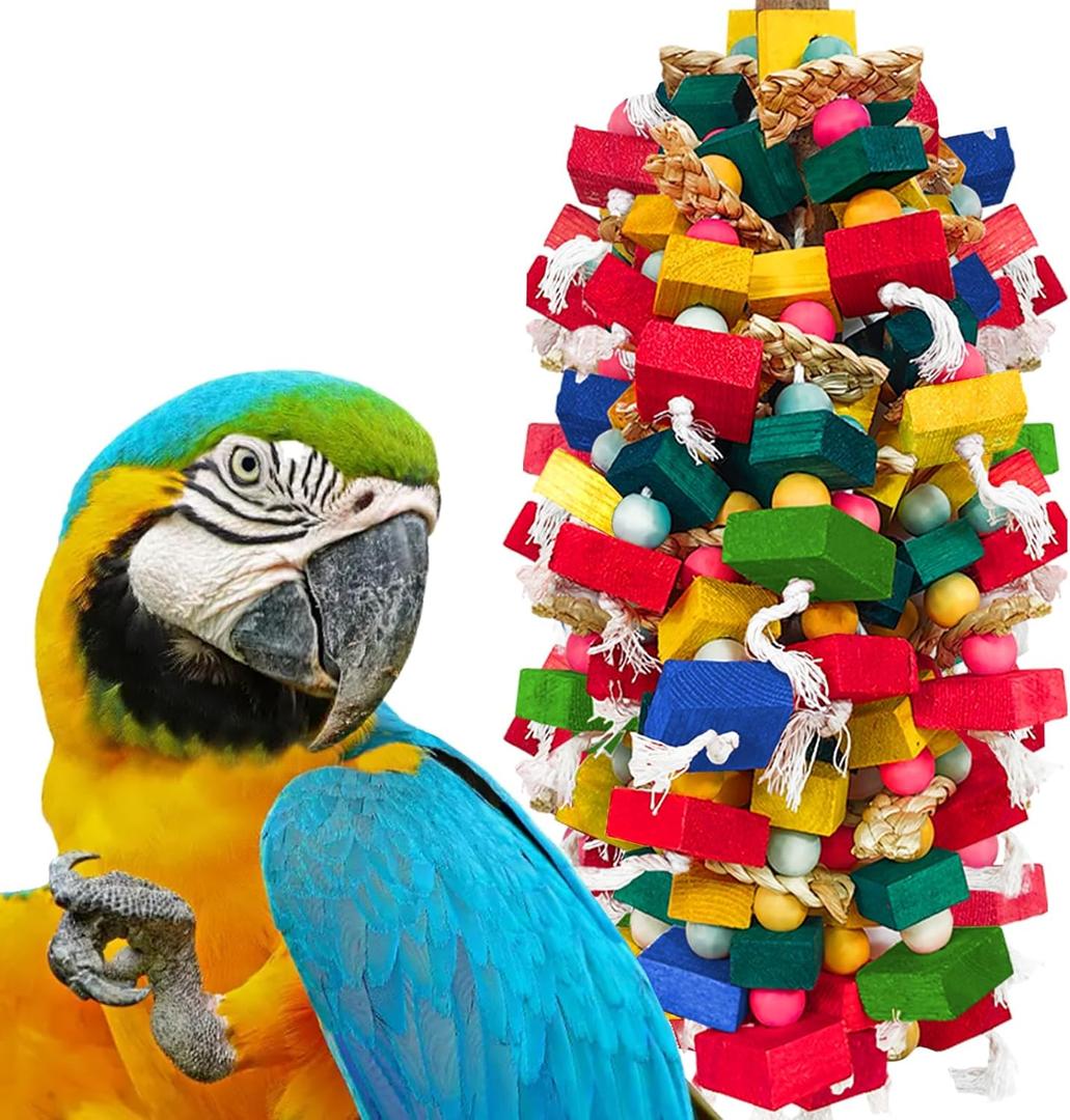 Extra Large Bird Toys for Macaws Cockatoos Amazons Chew - Natural Wood Parrot Chewing Toy with Foraging, Bird Cage Activity Center (Multicolor)