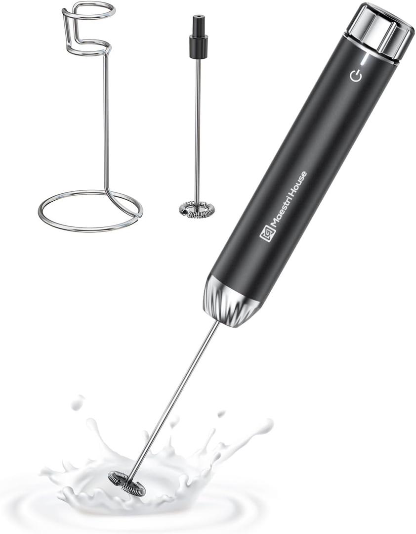 Maestri House Rechargeable Milk Frother with Stepless Speed Control, LunaFro Max Handheld Electric Foam Maker Waterproof Drink Mixer Foamer with Stand & Detachable Whisks for Lattes, Cappuccino (Black)