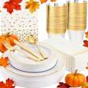 GATHER 176 Pieces Gold Dinnerware Disposable - White and Gold Plastic Plates Includes 50 Plates, 25 Plastic Silverware, 25 Napkins, 25 Cups and 1 Tablecloth for Wedding Party Thanksgiving