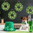 8 Pcs St. Patrick's Day Candle Rings, 14 Inch Shamrock Wreaths for Table Centerpieces Irish Clover Wreath for Front Door Porch Window Wall Decor, Spring Green Artificial Foliage Berry Wreath