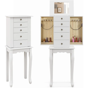 LDAILY Moccha Standing Jewelry Armoire Cabinet, Wooden Jewelry Storage Chest Box with Flip Up Mirror, 2 Side Doors with 8 Necklace Hooks, 4 Drawers, Jewelry Storage Organizer for Girls Women (White)