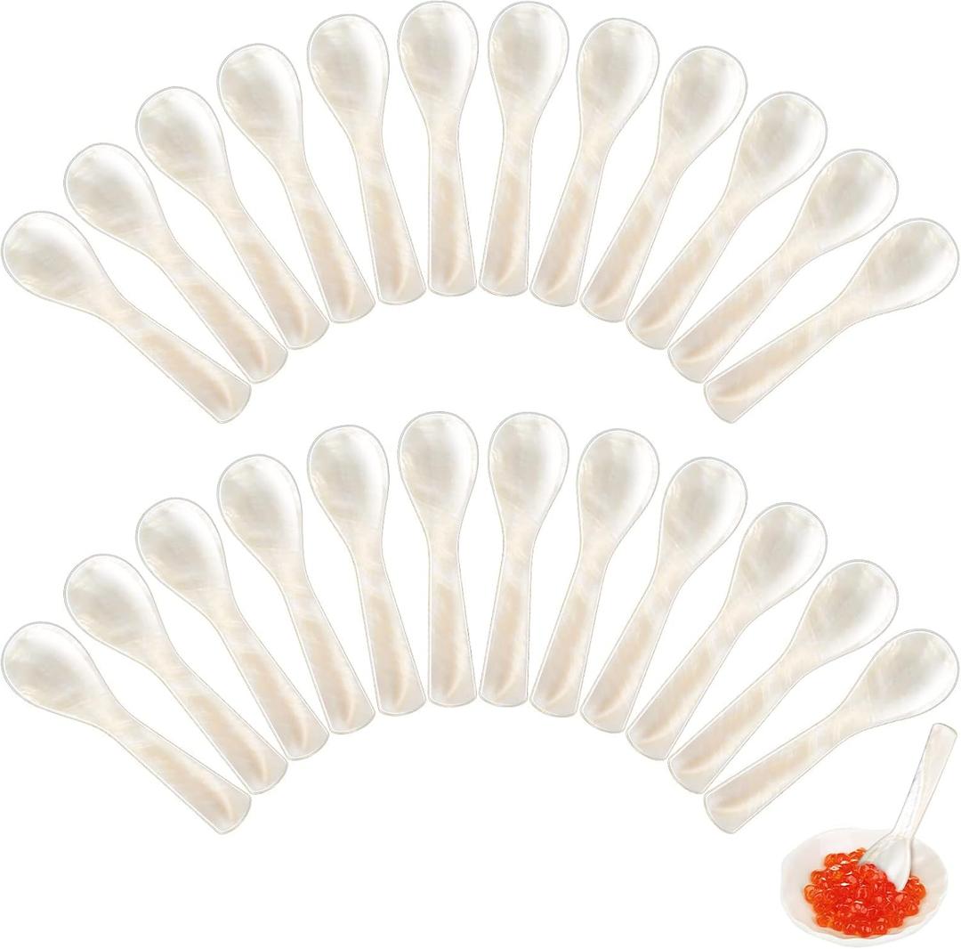 Caviar Spoons Mother of Pearl Mop Spoons with Hand Craft W Round Handle for Caviar, Egg, Ice Cream, Salt, Coffee Serving, Restaurant Serving Set(24 Pieces,2.75 Inch)