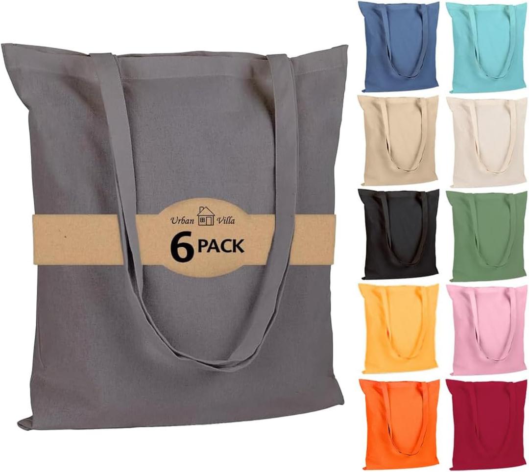 Urban Villa 6 Pack Reusable Grocery Bags 15x16 with 27 long Handle Grey Color 100% Cotton Tote Bags Medium Weight Grocery Shopping Cloth Bags Great Choice for Promotion Gift DIY Advertising