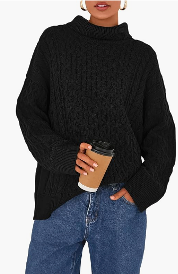 BTFBM Casual Women Fall Sweaters 2025 Long Sleeve Turtleneck Ribbed Knit Pullover Loose Cable Knit Sweater (Medium, Black)