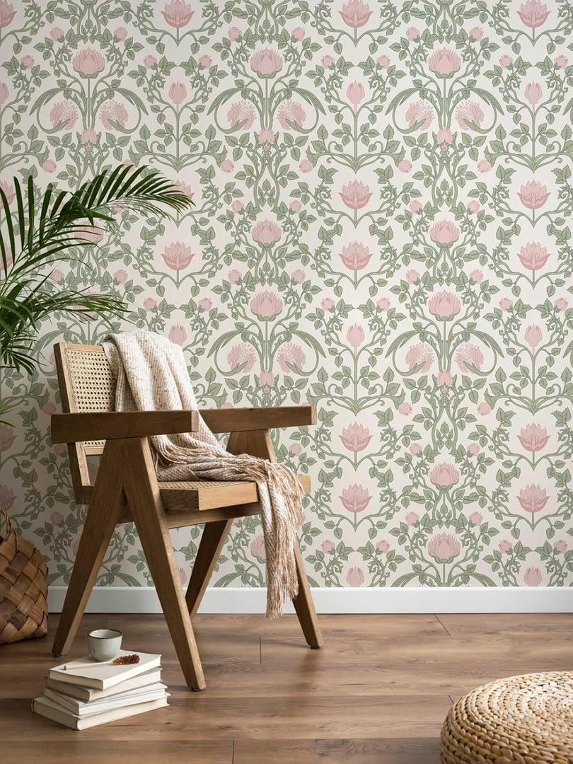 Floral Wallpaper Peel and Stick - 393.7"  17.3" Pink and Green Wallpaper for Bedroom Decorative Self Adhesive Shelf Drawer Liner