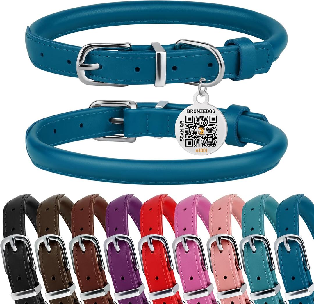 BRONZEDOG Rolled Leather Dog Collar for Small Medium Large Dogs with QR ID Tag (M: 14-16 Inch, Ocean Blue)