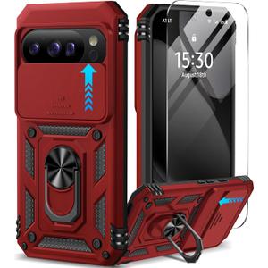 Taisairu for Google Pixel 10 Case/Pixel 10 Pro Case with Screen Protector & Slide Camera Lens Cover,Built-in Ring Stand Protective Phone Case for Pixel 10 Case/Google Pixel 10 Pro Case (Red)