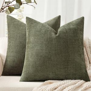 ANRODUO Pack of 2 Decorative Textured Throw Pillow Covers Soft Olive Green Square Accent Solid Chenille Cushion Cover Cozy Farmhouse Pillow Case for Couch Sofa Bed Living Room Summer Decor 18x18 Inch