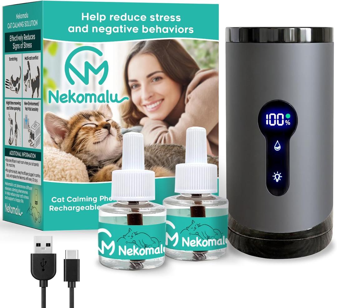 Rechargeable Cat Calming Pheromone Diffuser Kit, 60 Day Supply, No Burning Smell, Helps Reduce Stress, Scratching & Spraying