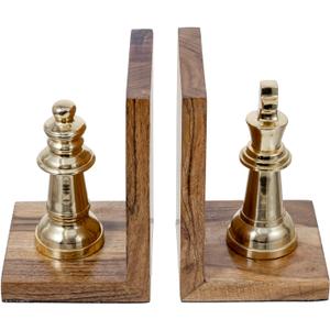 MyGift Decorative Chess Bookends Heavy Duty Mango Wood and Brass Tone Metal King and Queen Chess Pieces Design Bookend Shelf Decor - Handcrafted in India