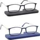Lightweight thin Square Reading Glasses Slim Mini Pocket Readers for Women Men with Portable Case (2 Packs(black,blue))