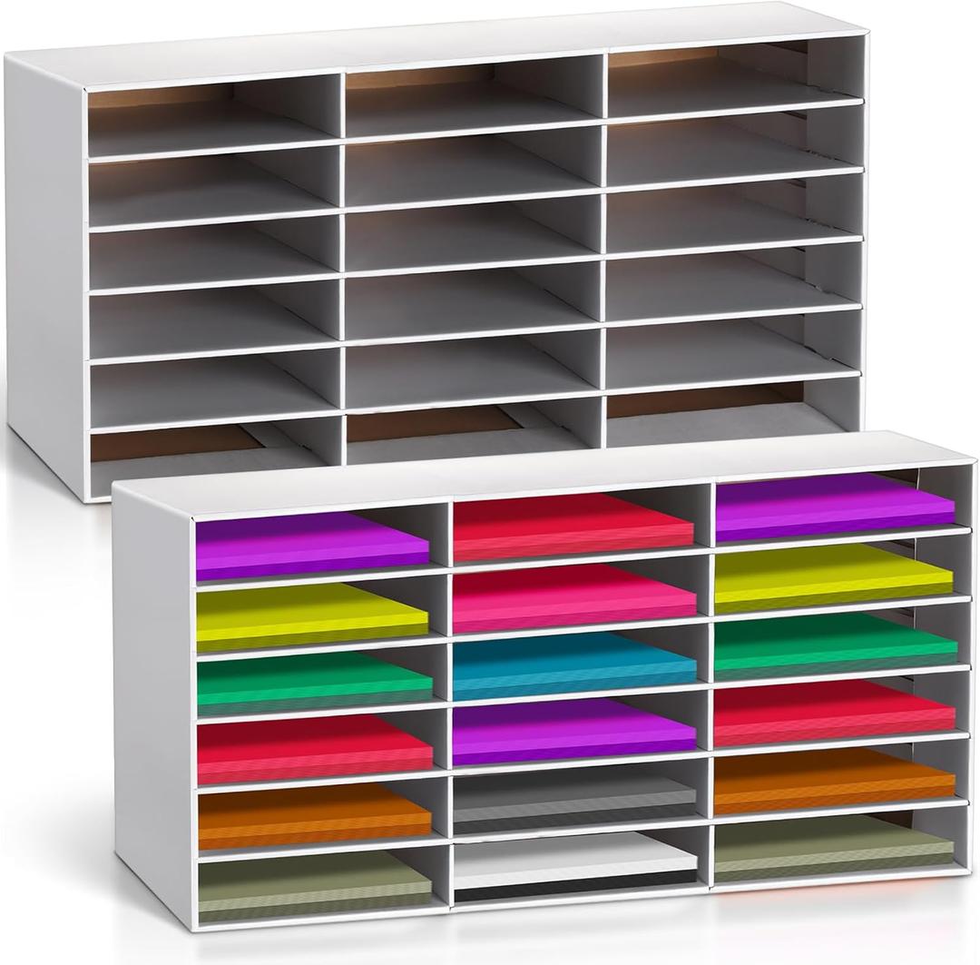 Fuutreo 2 Pcs Construction Paper Storage, Classroom Mailboxe, Back to School Literature Sorter, Sturdy Cardboard Paper Organizer for Teacher, Student, Office, 29.5" x 14.2" x 12.4"(18 Slots,White)