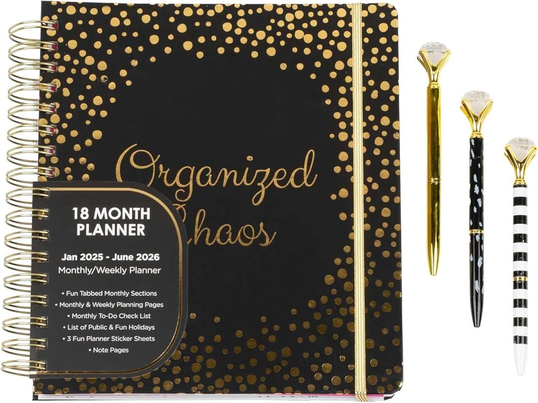 VOTUM 2025-2026 Monthly Large Planner- Daily, Weekly & Monthly Organizer with 3 Pens & Stickers - Organized Chaos Black, January 2025 to June 2026, Stylish & Durable