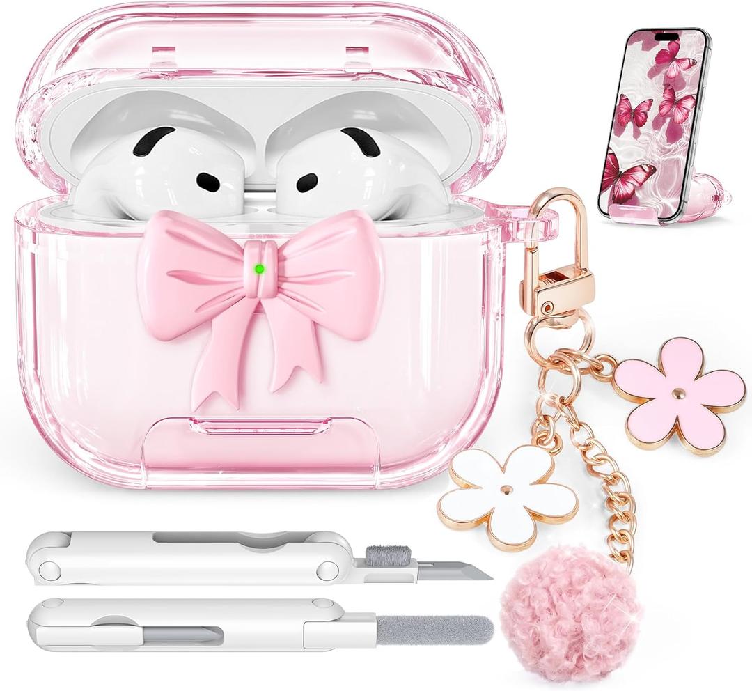 for AirPods 4 Case 2024, with Safety Lock & Phone Stand for AirPods 4 Generation Case Cover for Women Girly with Chain, Clear Pink