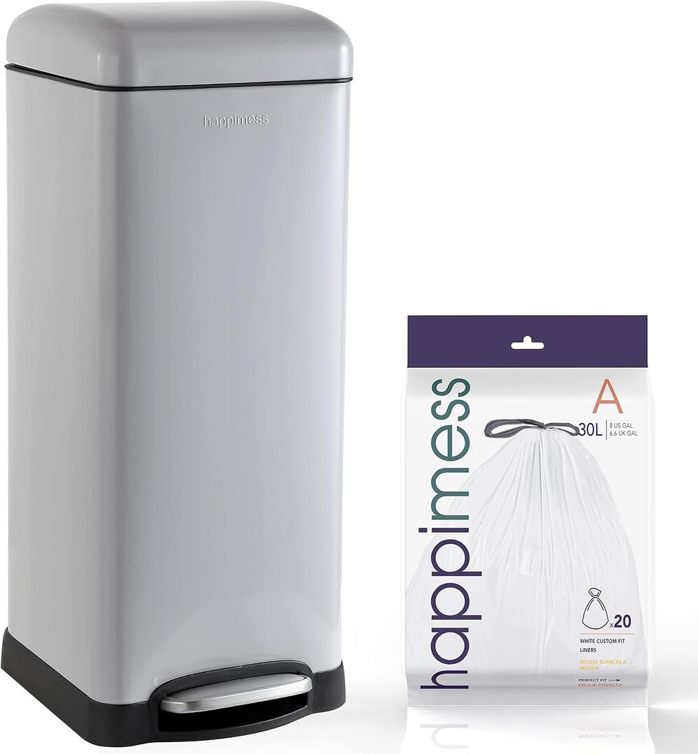 happimess HPM1007C Betty Retro 8-Gallon Step-Open Trash Can with Soft-Close Lid, Fingerprint Resistant, Modern, Minimalistic for Home, Kitchen, Laundry Room, Office, Bedroom, Bathroom, Gray