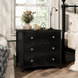 BOLUO Black Nightstand with Fabric Drawers, Large Night Stand 3 Drawer Dresser for Bedroom, Closet, Kids, Girls Modern (15"D x 27"W x 28"H,1 Pc)