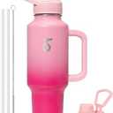 Trebo 40 oz Water Bottle Insulated with Handle, Leakproof Keep 24hrs Cold &Hot,Stainless Steel Travel Tumbler that Fits in Car Cup Holder with Straw Lids,Pink Reusable Water Bottles for women