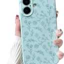 NITITOP for iPhone 16 Case Cute Flower Floral Leaves - Blue | Aesthetic, Flower branch, For girls women, Slim fit, Soft TPU, Shockproof, Protective, Waterproof
