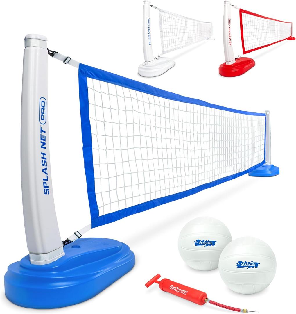 GoSports Splash Net PRO Pool Volleyball Net - Red, White, or Blue - Includes 2 Water Volleyballs and Pump, 24 Feet