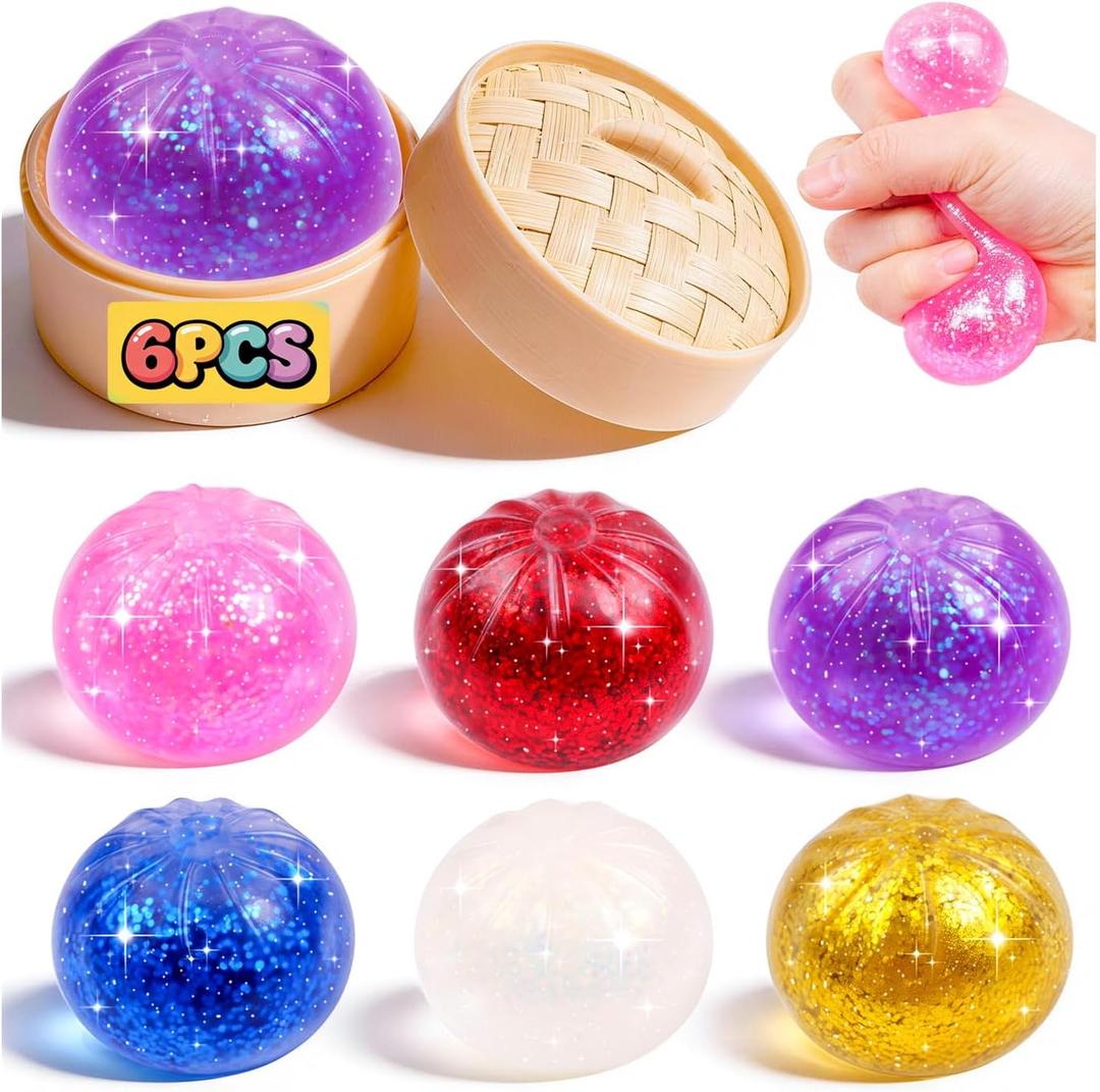 6 Pack Dumpling Squishy Mystery Box, 6 Color Glitter Dumpling Squishy Toys Pack, Dumplings Squeeze Fidget Toys, Squishies for Kids Party Favors Goodie Bag Stuffers Classroom Prizes