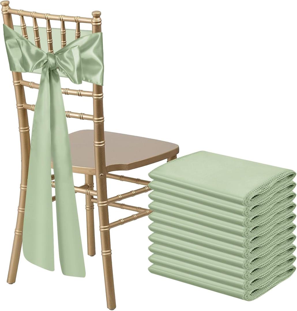 10 PCS Sage Green Satin Chair Sashes Bows Universal Chair Ribbon Ties Back Sash for Wedding Party Reception Events Banquets Hotel Event Chair Cover Decoration (7x108 inch)