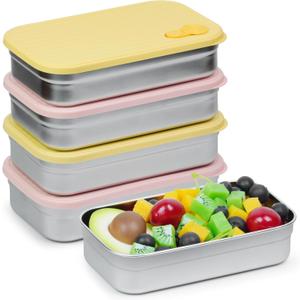 4 Pack Stainless Steel Snack Containers, 22oz Reusable Food Storage Containers with Lids, Metal Meal Prep Lunch Box, Dishwasher Safe, Snack Box Container for Trave & Outdoor Camping (Pink, Yellow)