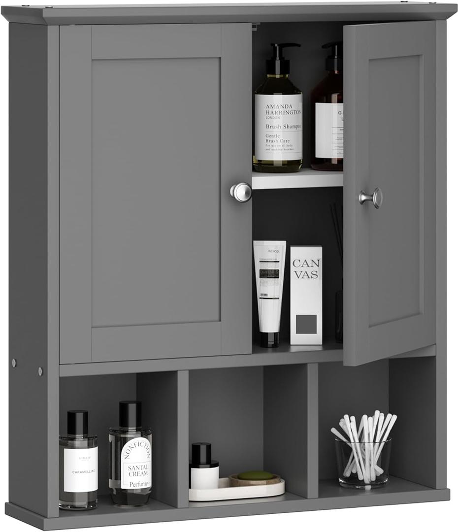 Shintenchi Bathroom Wall Cabinet with Door, Storage Organizer Over The Toilet Medicine, Space Saving with Adjustable & Open Shelf, Gray (Grey)