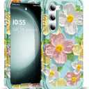 for Galaxy S23 Plus Case,3 in 1 Oil Painting Flower Pattern Heavy Duty Shockproof Protection Silicone Rubber Bumper+Hard Plastic Protective Cover for Samsung S23 Plus 6.6",Green Flower (Samsung Galaxy S23 Plus)