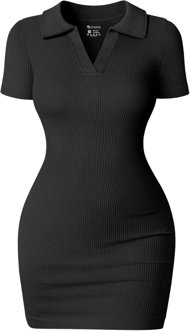 OQQ Women's Mini Dresses Sexy Ribbed Short Sleeve Tummy Control Bodycon Mini Dress (Large, Black)