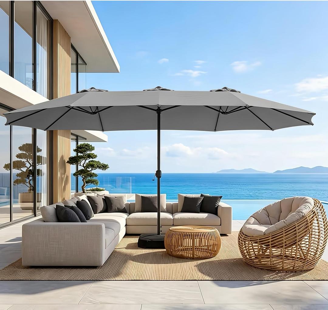 15ft Patio Umbrella with Base, 10-Year-No-Fade Large Outdoor Double-Sided Market Umbrella with UPF50+Terylene Polyester Fabric and Crank for Poolside Garden Deck Backyard Beach Pools