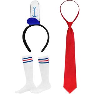 Sailor Costume Set, Yellow Square Accessories with Sailor Hat Headband Red Tie Socks for Men Women for Halloween Sponge Cosplay