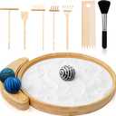 Japanese Zen Garden Kit for Desk | 9.5" Bamboo Sand Tray | 3 Resin Stamp Spheres | Meditation Accessories | 6 Mini Garden Rake | Decor Gifts, 10.5 inches x 10.2 inches x 1 inch