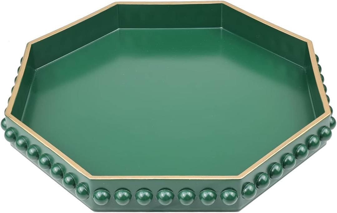Green Serving Tray for Coffee Table, Octagonal Beaded Plastic Decorative Tray for Ottoman, Kitchen Counter, Living Room, Outdoor Lacquer Tray for Entertaining (13" x 13" x 1.6")