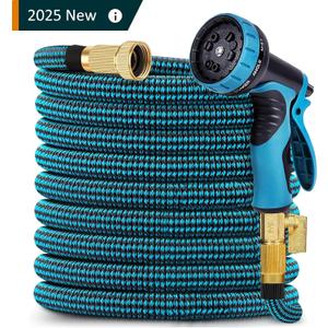 Expandable Garden Hose 100 ft, 2025 Upgraded No Kink Flexible Water Hose 100ft with 10 Pattern Spray Nozzle, 3/4 Solid Brass Connectors, Retractable Latex Core, Lightweight Expanding Hose