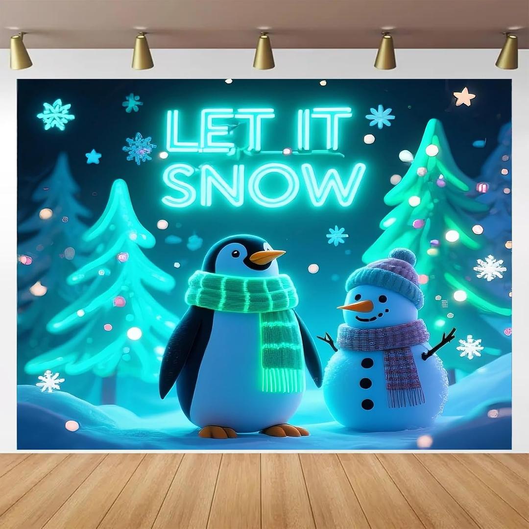 BlissYard Happy Winter Penguin Snowman Blacklight Tapestry Neon Glow in The Dark UV Reactive Winter Wonderland Holiday Wall Hanging with Snowflakes Christmas Tree for Bedroom Living Room 78x59 Inch
