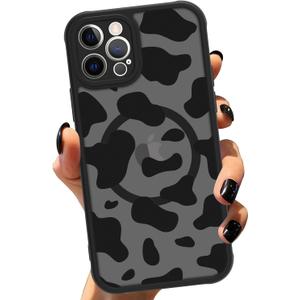 ZIYE Magnetic Case for iPhone 12 Pro Compatible with MagSafe Cow Print Pattern Cover Camera Lens Protection Slim Shockproof Soft TPU Bumper Hard Back Phone Case for Women Men-Black