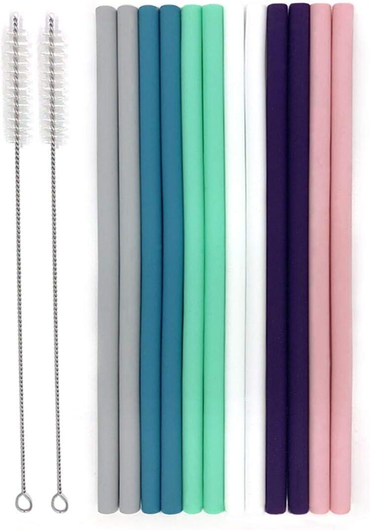 Senneny Set of 12 Silicone Drinking Straws for 30oz and 20oz - Reusable Silicone Straws BPA Free Extra Long with Cleaning Brushes- 12 Straight- 6mm Diameter