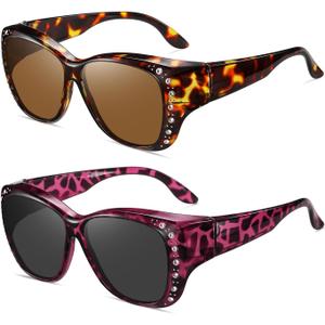 Wzerry Sunglasses Fit Over Glasses for Women, Polarized Over Glasses UV 400 Protection Retro Frame with Rhinestone