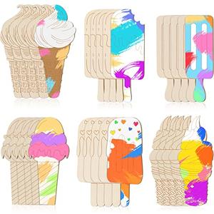 Chunful 120 Pieces Ice Cream Wood Cutouts Crafts Bulk Color Your Own Ice Cream Cones Unfinished DIY Coloring Wooden Crafts Blank Wood Painting Kits for Summer Art Donut Party Favors, 6 Styles