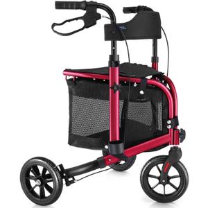 3 Wheel Rollator Walker with Seat for Slim Seniors, Padded Backrest Lightweight Foldable Walker Ideal for Elderly, 8 Inch Tri-Wheel Modern Mobility Walking Aid Aluminum, Red