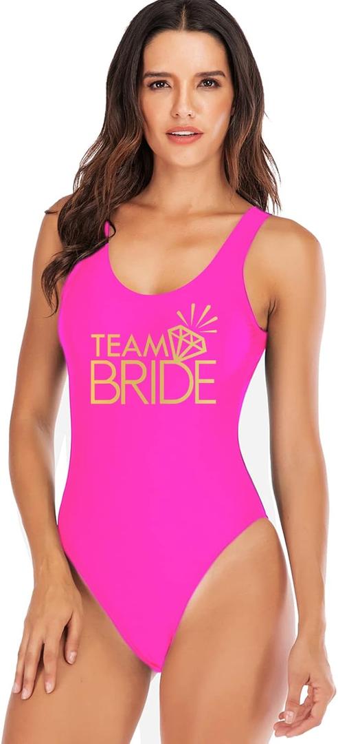 Elightvap Bride to Be Squad Women One Piece Swimsuits Letter Print Swimwear High Cut Monokini Bridesmaid Team Bathing Suits (Small, Rose Red -Team Bride Diamond)