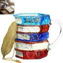 Chapter Book Mug with Metal Feather Bookmark - 6.5oz Glass Painted Book Mug for Book Lovers, 3D Stacked Novelty Coffee Mugs with Hexagonal Base, Literary Gifts for Readers and Writers