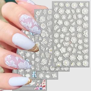 TailaiMei 4 Sheets Flower Nail Art Stickers 5D Exquisite Embossed Nail Decals, Self-Adhesive Carving Design Daisy Rose Nail Decoration for Women DIY