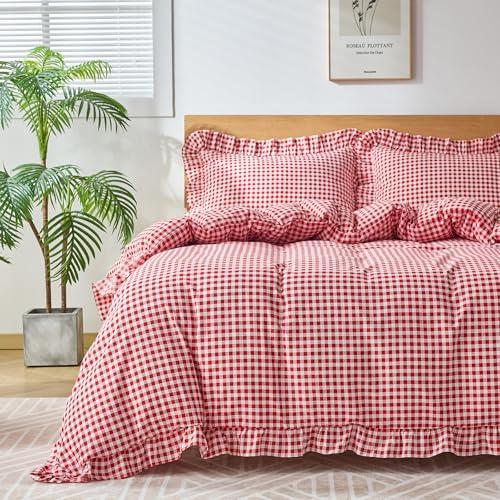 kisswish Gingham Duvet Cover Twin Size, 2 Pieces Soft Breathable Microfiber Plaid Comforter Cover with Zipper Closure & 1 Pillow Shams, Ruffle Farmhouse Vintage Decor, Red