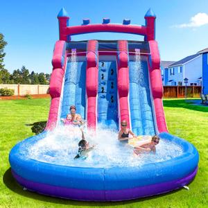 Grade Inflatable Water Slide, Dual Water Slide with Blower and Double Slide, Water Slide Bounce House for Backyard Summer Party (Dual Slide Pink Waves) (252"L x 108"W x 144"H)