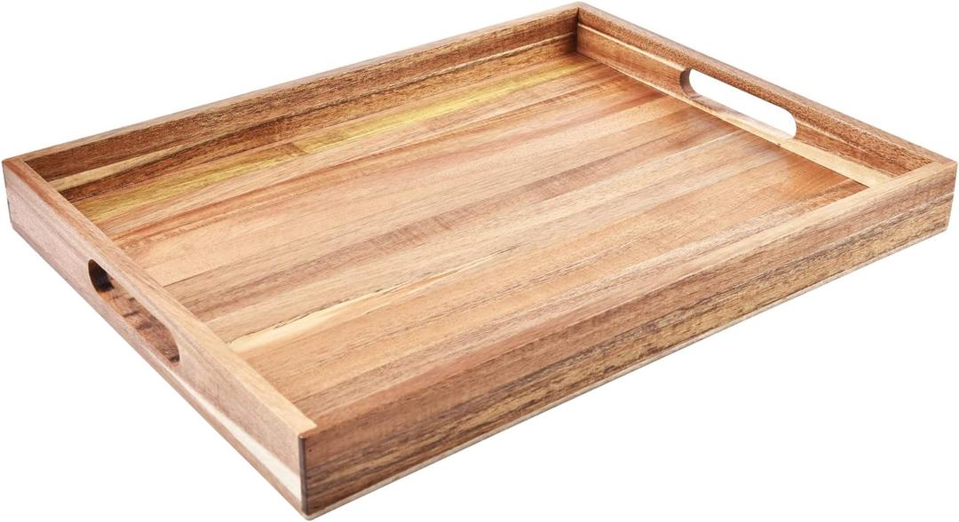 Acacia Wood Serving Tray with Handles (17 Inches)  Decorative Serving Trays Platter for Breakfast in Bed, Lunch, Dinner, Appetizers, Patio, Ottoman, Coffee Table, BBQ, Party Great for Lap &Couch